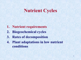 Nutrient Cycles 1. 2. 3. 4.  Nutrient requirements Biogeochemical cycles Rates of decomposition Plant adaptations in low nutrient conditions.