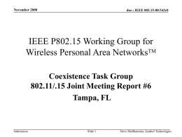 November 2000  doc.: IEEE 802.15-00/342r0  IEEE P802.15 Working Group for Wireless Personal Area NetworksTM Coexistence Task Group 802.11/.15 Joint Meeting Report #6 Tampa, FL  Submission  Slide 1  Steve Shellhammer,