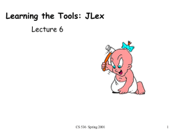 Learning the Tools: JLex Lecture 6  CS 536 Spring 2001 Jlex: a scanner generator  jlex specification xxx.jlex  JLex.Main (java)  xxx.jlex.java  javac  input program test.sim  P2.main (java)  generated scanner xxx.jlex.java Yylex.class Output of P2.main  Yylex.class CS 536 Spring 2001