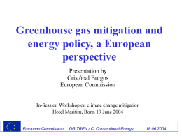 Greenhouse gas mitigation and energy policy, a European perspective Presentation by Cristóbal Burgos European Commission  In-Session Workshop on climate change mitigation Hotel Maritim, Bonn 19 June 2004  European.