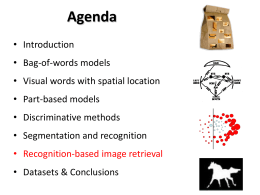 Agenda • Introduction • Bag-of-words models • Visual words with spatial location  • Part-based models • Discriminative methods • Segmentation and recognition • Recognition-based image retrieval • Datasets.
