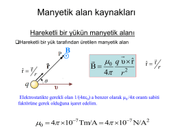 Manyetik alan kaynakları Hareketli bir yükün manyetik alanı Hareketli bir yük tarafından üretilen manyetik alan  rˆ  r  r  0 q υ  rˆ B 4 r.