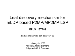 Leaf discovery mechanism for mLDP based P2MP/MP2MP LSP MPLS IETF82 draft-jin-mpls-mldp-leaf-discovery-03  Lizhong Jin, ZTE Kebo Liu, Nokia Siemens Sriganesh Kini, Ericsson.
