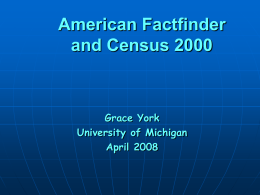American Factfinder and Census 2000  Grace York University of Michigan April 2008 Table of Contents             Census History and Applications Census Questionnaire and Definitions – 100% Census Questionnaire.