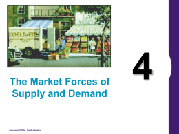 The Market Forces of Supply and Demand  Copyright © 2004 South-Western What’s Important in Chapter 4 • • • • •  Markets Demand Supply Equilibrium Changes in Equilibrium  Copyright © 2004 South-Western.