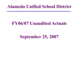 Alameda Unified School District  FY06/07 Unaudited Actuals September 25, 2007 Changes from Estimated Actuals to Unaudited Actuals Revenues Estimated Actuals New Grant, (one time funding) Carryover Net Adjustments FY06/07