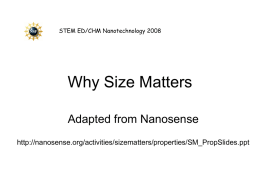 STEM ED/CHM Nanotechnology 2008  Why Size Matters Adapted from Nanosense http://nanosense.org/activities/sizematters/properties/SM_PropSlides.ppt Relative sizes (review) • Atomic nuclei ~ 10-15 meters = 10-6 nanometers • Atoms ~