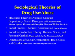 Sociological Theories of Drug Use/Abuse • Structural Theories: Anomie, Unequal Opportunity, Social Disorganization (Durkheim, Merton, Agnew, Messner and Rosenfeld, Shaw and McKay, Bursick)  • Social.
