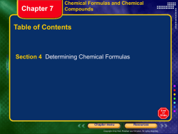 Chapter 7  Chemical Formulas and Chemical Compounds  Table of Contents  Section 4 Determining Chemical Formulas  Chapter menu  Resources  Copyright © by Holt, Rinehart and Winston.