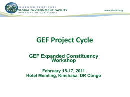 GEF Project Cycle GEF Expanded Constituency Workshop February 15-17, 2011 Hotel Memling, Kinshasa, DR Congo.