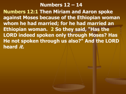 Numbers 12 – 14 Numbers 12:1 Then Miriam and Aaron spoke against Moses because of the Ethiopian woman whom he had married; for.