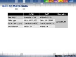 Bill of Materials SCM  SCC  Die Attach  Ablestik 3230  Ablestik 3230  Wire type  Gold MKE UR2  Gold MKE UR2  Mold Compound  Sumitomo G770  Sumitomo G770  Lead Finish  Matte Sn  Matte Sn  Remarks  Same BOM  Everywhere.