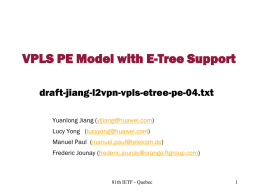 VPLS PE Model with E-Tree Support draft-jiang-l2vpn-vpls-etree-pe-04.txt Yuanlong Jiang (yljiang@huawei.com) Lucy Yong (lucyyong@huawei.com) Manuel Paul (manuel.paul@telekom.de) Frederic Jounay (frederic.jounay@orange-ftgroup.com)  81th IETF - Quebec Copyright © 2004 Juniper.