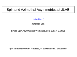 Spin and Azimuthal Asymmetries at JLAB H. Avakian *) Jefferson Lab  Single-Spin Asymmetries Workshop, BNL June 1-3, 2005  *) in collaboration with P.Bosted, V.