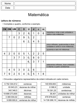 Nome  Data  Matemática Leitura de números • Completa o quadro, conforme o exemplo.  CM DM UM C  D  U  d  c  m  6,  3,  2,  trezentas e vinte e seis unidades e cento e oito.