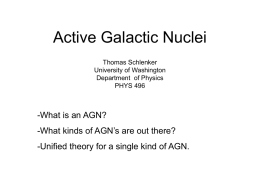 Active Galactic Nuclei Thomas Schlenker University of Washington Department of Physics PHYS 496  -What is an AGN? -What kinds of AGN’s are out there?  -Unified theory for.