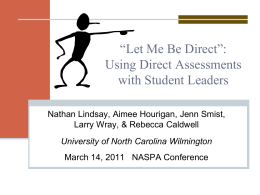 “Let Me Be Direct”: Using Direct Assessments with Student Leaders Nathan Lindsay, Aimee Hourigan, Jenn Smist, Larry Wray, & Rebecca Caldwell University of North Carolina.