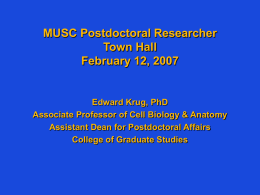 MUSC Postdoctoral Researcher Town Hall February 12, 2007  Edward Krug, PhD Associate Professor of Cell Biology & Anatomy Assistant Dean for Postdoctoral Affairs College of Graduate.