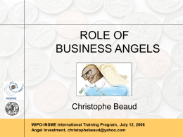 ROLE OF BUSINESS ANGELS  Christophe Beaud WIPO-INSME International Training Program, July 12, 2006 Angel Investment, christophebeaud@yahoo.com.