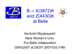 B→ X(3872)K and Z(4430)K at Belle Kenkichi Miyabayashi Nara Women’s Univ. For Belle collaboration QWG2007 at DESY 2007/Oct./19th.