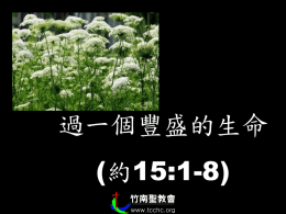 過一個豐盛的生命 (約15:1-8) 15:1 我是真葡萄樹， 我父是栽培的人。 15:2 凡屬我不結果子 的枝子，他就剪去； 凡結果子的，他就修 理乾淨，使枝子結果 子更多。 15:3 現在你們因我講 給你們的道，已經乾 淨了。 15:4 你們要常在我裡 面，我也常在你們裡 面。枝子若不常在葡 萄樹上，自己就不能 結果子；你們若不常 在我裡面，也是這樣 。 15:5 我是葡萄樹，你 們是枝子。常在我裡 面的，我也常在他裡 面，這人就多結果子 ；因為離了我，你們 就不能做甚麼。