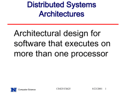 Distributed Systems Architectures  Architectural design for software that executes on more than one processor  Computer Science  CS425/CS625  8/23/2001