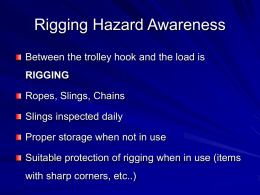 Rigging Hazard Awareness Between the trolley hook and the load is RIGGING Ropes, Slings, Chains Slings inspected daily Proper storage when not in use Suitable protection.