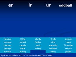 er  ir  ur  oddball  nervous  thirty  sturdy  firmly  person  purpose  perfect  further  dirty  hurry  birthday  certain  spirit  mermaid  Thursday  perhaps  turtle  thirsty  birdbath  service  furnish  during  merry  purple  Syllables and Affixes Sort 28: Words with w Before the Vowel.