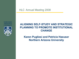 HLC Annual Meeting 2008  ALIGNING SELF-STUDY AND STRATEGIC PLANNING TO PROMOTE INSTITUTIONAL CHANGE Karen Pugliesi and Patricia Haeuser Northern Arizona University.