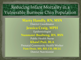 Reducing Infant Mortality in a Vulnerable Burmese Chin Population Marty Handly, RN, MSN District Coordinator  Jessica Craig, MPH Epidemiologist  Nunmawi Bualteng, RN, BSN Public Health Nurse  Khawl Puii,