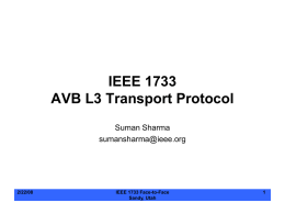 IEEE 1733 AVB L3 Transport Protocol Suman Sharma sumansharma@ieee.org  2/22/08  IEEE 1733 Face-to-Face Sandy, Utah Face-to-Face Agenda • • • • • • •  IEEE Patent etc. RTP Overview/Extension Use Case Discussion Spec development plan Liaisons Next F2F Conclude  2/22/08  Suman Sharma Suman/Niel/Kevin/Alan All Suman.