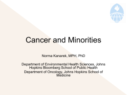 Cancer and Minorities Norma Kanarek, MPH, PhD Department of Environmental Health Sciences, Johns Hopkins Bloomberg School of Public Health Department of Oncology, Johns Hopkins.