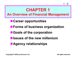 1-0  CHAPTER 1 An Overview of Financial Management Career opportunities Forms of business organization  Goals of the corporation Issues of the new millenium  Agency relationships Copyright © 2002