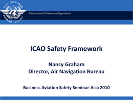 International Civil Aviation Organization  ICAO Safety Framework Nancy Graham Director, Air Navigation Bureau Business Aviation Safety Seminar-Asia 2010