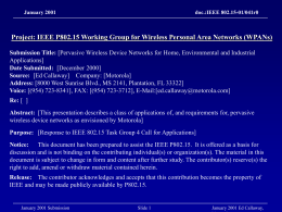 January 2001  doc.:IEEE 802.15-01/041r0  Project: IEEE P802.15 Working Group for Wireless Personal Area Networks (WPANs) Submission Title: [Pervasive Wireless Device Networks for Home,