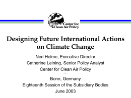 Designing Future International Actions on Climate Change Ned Helme, Executive Director Catherine Leining, Senior Policy Analyst Center for Clean Air Policy ***  Bonn, Germany Eighteenth Session of.