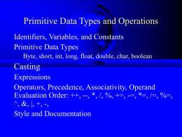 Primitive Data Types and Operations Identifiers, Variables, and Constants Primitive Data Types Byte, short, int, long, float, double, char, boolean  Casting Expressions Operators, Precedence, Associativity, Operand Evaluation.