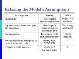 Relaxing the Model’s Assumptions Assumption Rationality Injurers are solvent and pay full damages No Insurance No social policies designed to reduce external costs Litigation costs are zero  Reality  Effect  Systematic behavioral errors  Wrong.