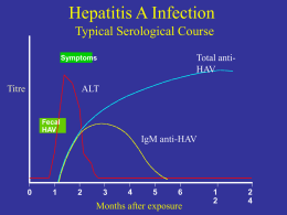 Hepatitis A Infection Typical Serological Course Total antiHAV  Symptoms  Titre  ALT  Fecal HAV  IgM anti-HAV  Months after exposure 2 4