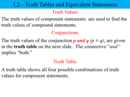 3.2 – Truth Tables and Equivalent Statements Truth Values The truth values of component statements are used to find the truth values of.
