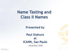 Name Tasting and Class II Names Presented by Paul Stahura at ICANN, Sao Paulo December, 2006