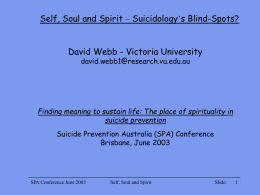 Self, Soul and Spirit – Suicidology’s Blind-Spots? David Webb - Victoria University david.webb1@research.vu.edu.au  Finding meaning to sustain life: The place of spirituality in suicide.