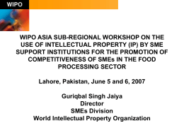 WIPO ASIA SUB-REGIONAL WORKSHOP ON THE USE OF INTELLECTUAL PROPERTY (IP) BY SME SUPPORT INSTITUTIONS FOR THE PROMOTION OF COMPETITIVENESS OF SMEs IN.