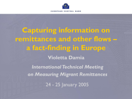 Capturing information on remittances and other flows – a fact-finding in Europe Violetta Damia International Technical Meeting on Measuring Migrant Remittances  24 - 25 January 2005