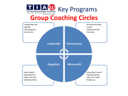 Key Programs Group Coaching Circles •Leadership role •Boards •Development •Succession  •Role models •Development •Skills and tools •Getting started  •Entrepreneurship •Trade •Getting started •Growing  Leadership  Entrepreneur  Daughters  Microcredit •How does it work? •Getting started •How can I help? •Follow up.