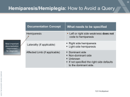 Hemiparesis/Hemiplegia: How to Avoid a Query  Documentation Concept Hemiparesis  ©2012 THE ADVISORY BOARD COMPANY  Most important documentation requirement for diagnosis  Laterality (if applicable)  Affected Limb (if applicable)  What needs to.