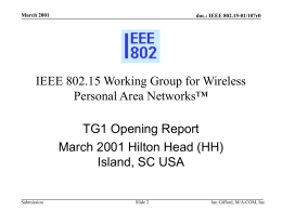 March 2001  doc.: IEEE 802.15-01/107r0  IEEE 802.15 Working Group for Wireless Personal Area Networks&trade; TG1 Opening Report March 2001 Hilton Head (HH) Island, SC USA  Submission  Slide 2  Ian.