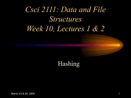 Csci 2111: Data and File Structures Week 10, Lectures 1 & 2  Hashing  March 23 & 28, 2000