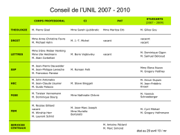 Conseil de l’UNIL 2007 - 2010 CORPS PROFESSORAL  CI  PAT  ETUDIANTS (2007 - 2009)  THEOLOGIE  M. Pierre Gisel  Mme Sarah Ljubibratic  Mme Maritza Erb  M.
