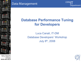 Database Performance Tuning for Developers Luca Canali, IT-DM Database Developers’ Workshop July 8th, 2008  CERN IT Department CH-1211 Genève 23 Switzerland  www.cern.ch/it.